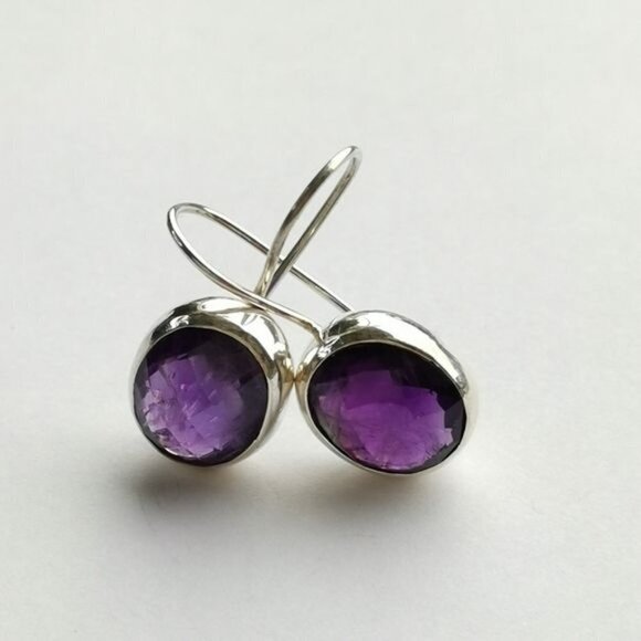 Modernist sterling silver checkerboard cut Amethyst drop earrings 🆕 - Picture 2 of 7
